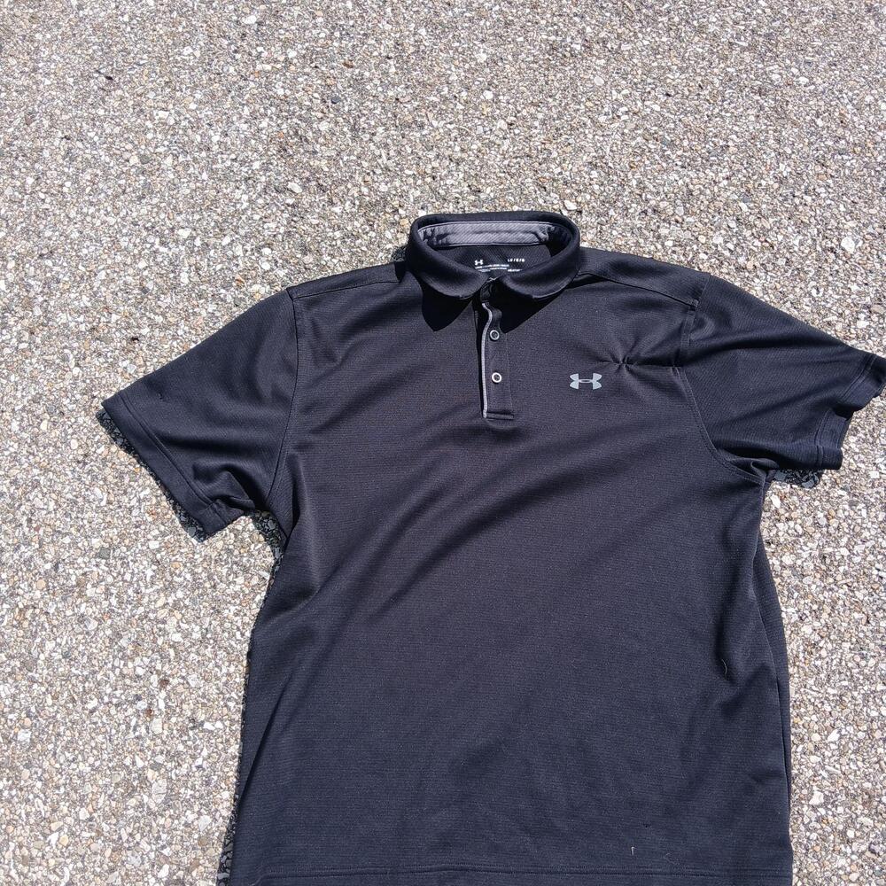 Under Armour Polo Shirt Mens Large Black HeatGear Golf Short Sleeve Top